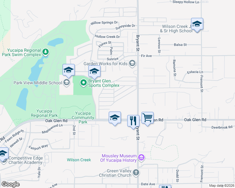 map of restaurants, bars, coffee shops, grocery stores, and more near 11050 Bryant Street in Yucaipa
