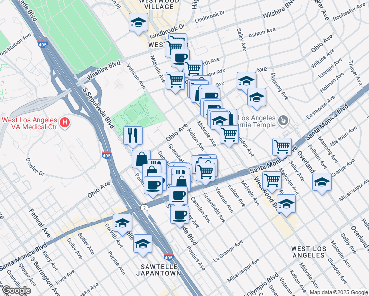 map of restaurants, bars, coffee shops, grocery stores, and more near 1527 Veteran Avenue in Los Angeles