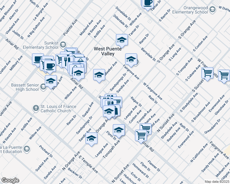 map of restaurants, bars, coffee shops, grocery stores, and more near 1025 Sandia Avenue in La Puente