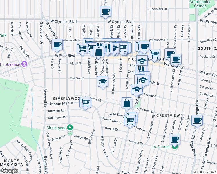 map of restaurants, bars, coffee shops, grocery stores, and more near 1535 South Durango Avenue in Los Angeles