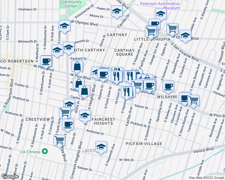 map of restaurants, bars, coffee shops, grocery stores, and more near 1420 South Point View Street in Los Angeles