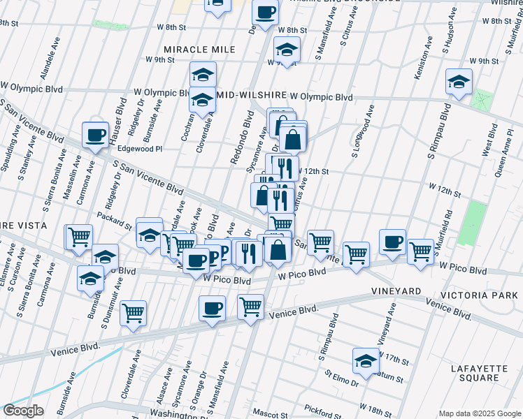 map of restaurants, bars, coffee shops, grocery stores, and more near 1274 South Orange Drive in Los Angeles