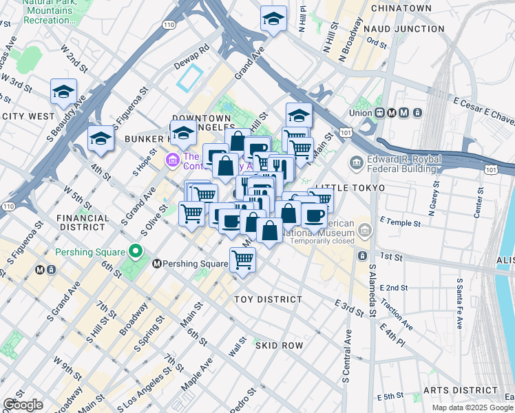 map of restaurants, bars, coffee shops, grocery stores, and more near 124 West 2nd Street in Los Angeles