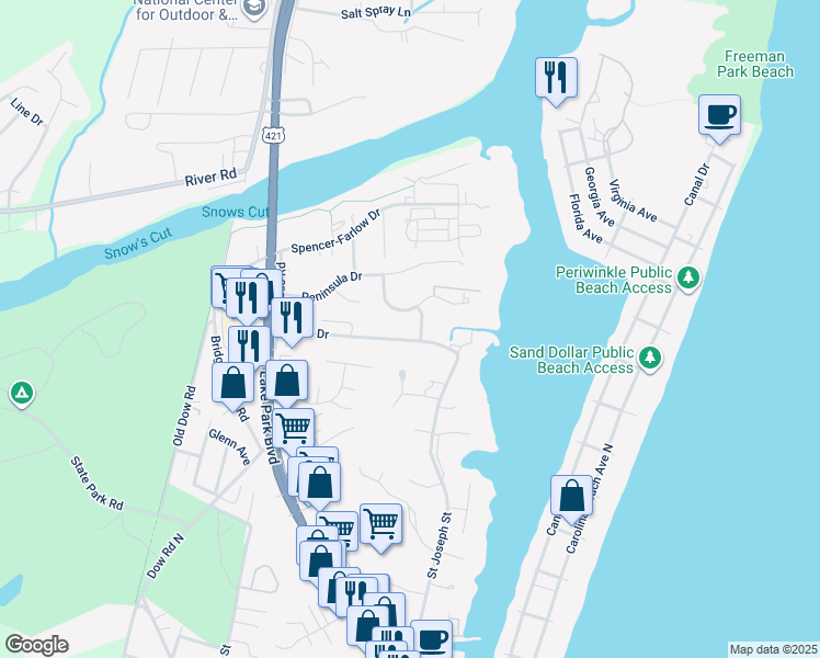 map of restaurants, bars, coffee shops, grocery stores, and more near 304 Lewis Drive in Carolina Beach