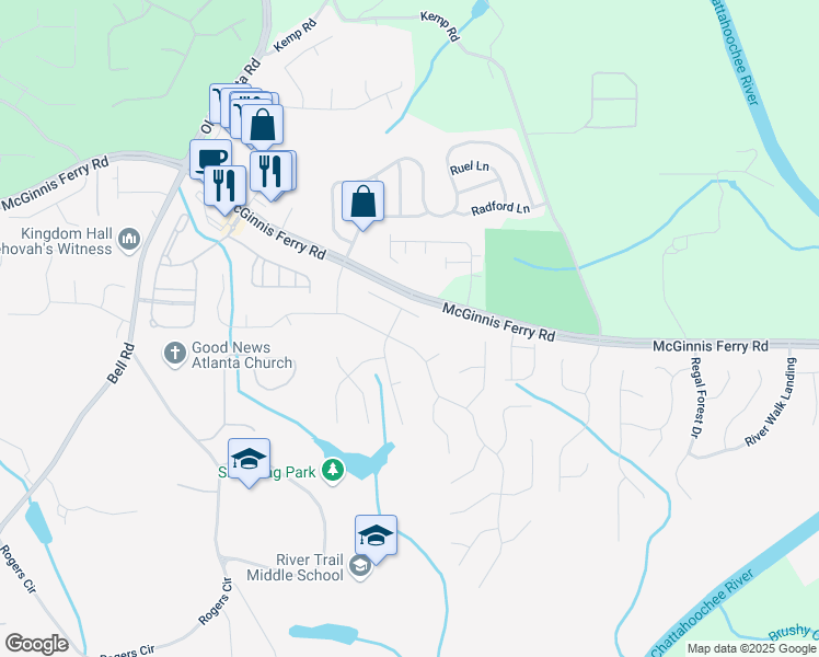 map of restaurants, bars, coffee shops, grocery stores, and more near 975 Blackmar Way in Suwanee