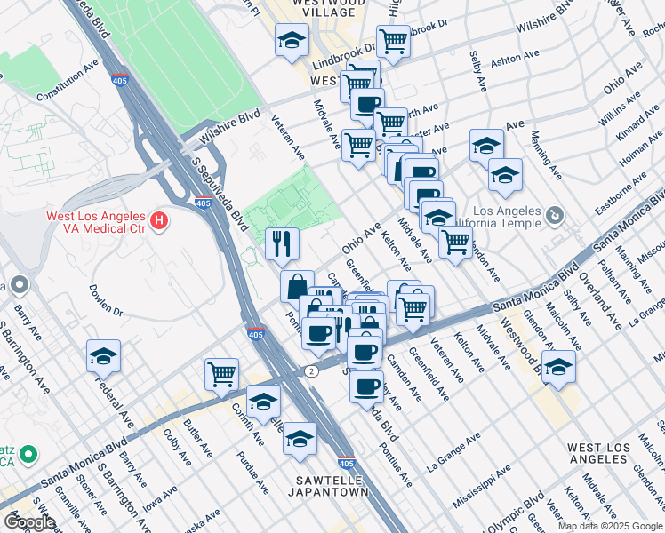 map of restaurants, bars, coffee shops, grocery stores, and more near 1500 Camden Avenue in Los Angeles