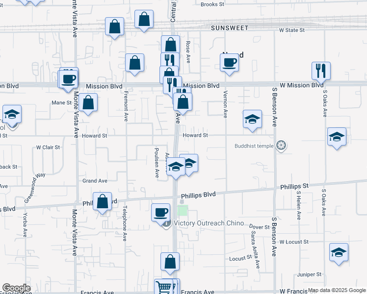 map of restaurants, bars, coffee shops, grocery stores, and more near 11145 Central Avenue in Ontario