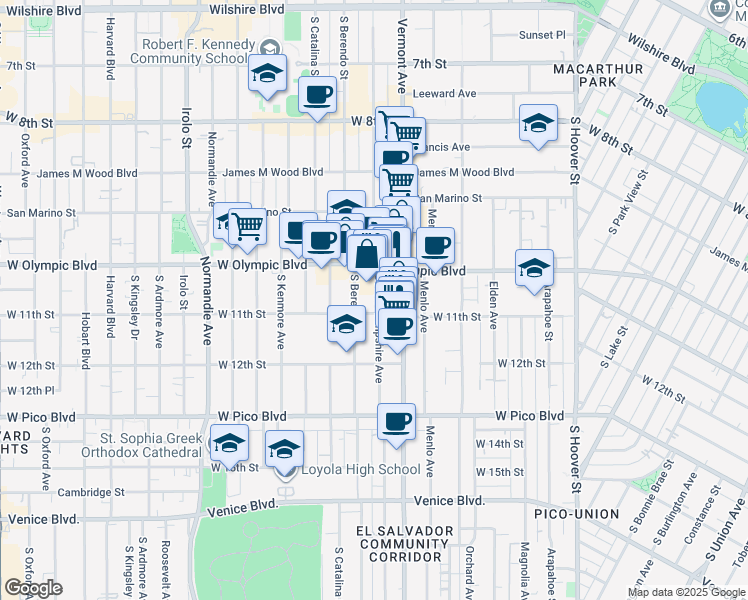 map of restaurants, bars, coffee shops, grocery stores, and more near 1053 South New Hampshire Avenue in Los Angeles