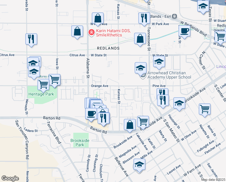 map of restaurants, bars, coffee shops, grocery stores, and more near 93 Kansas Street in Redlands