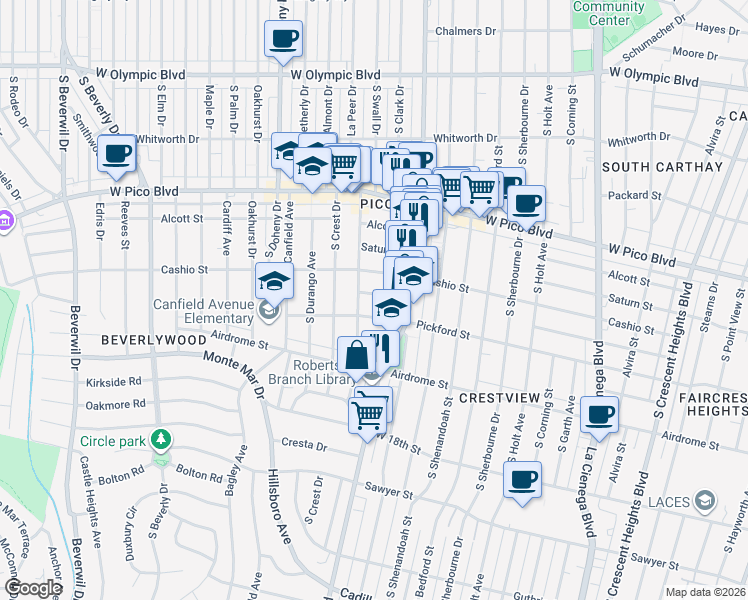 map of restaurants, bars, coffee shops, grocery stores, and more near 8848 Horner Street in Los Angeles