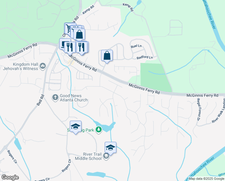 map of restaurants, bars, coffee shops, grocery stores, and more near 7910 Cavendish Place in Suwanee