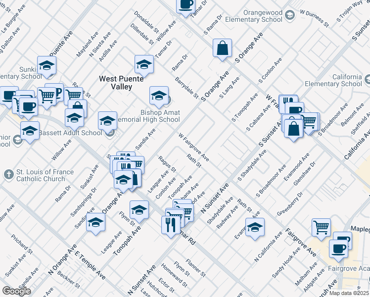 map of restaurants, bars, coffee shops, grocery stores, and more near 14445 Rath Street in La Puente