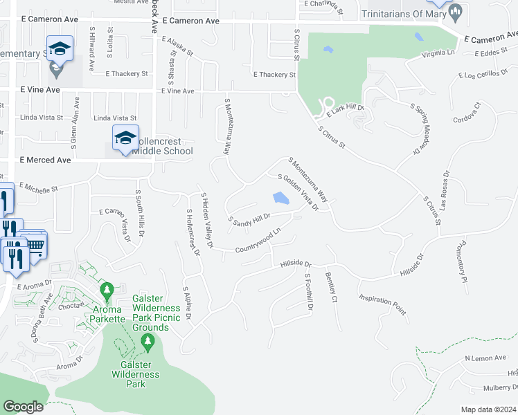map of restaurants, bars, coffee shops, grocery stores, and more near 2419 Crescent View Drive in West Covina