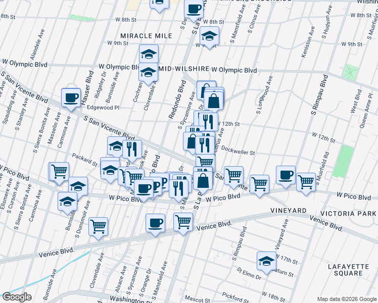 map of restaurants, bars, coffee shops, grocery stores, and more near 1274 South Orange Drive in Los Angeles