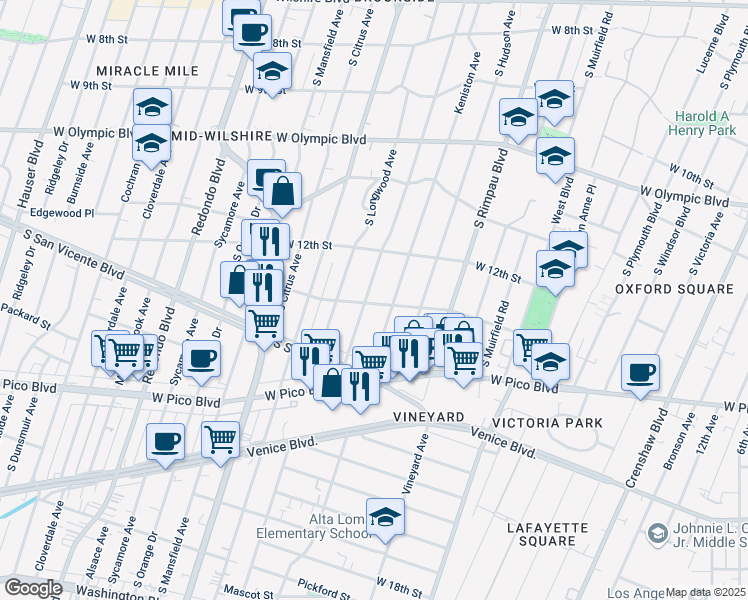 map of restaurants, bars, coffee shops, grocery stores, and more near 1260 South Tremaine Avenue in Los Angeles