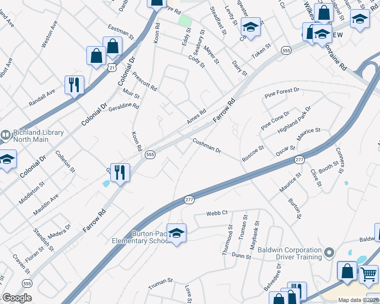 map of restaurants, bars, coffee shops, grocery stores, and more near 5626 Kirkland Street in Columbia