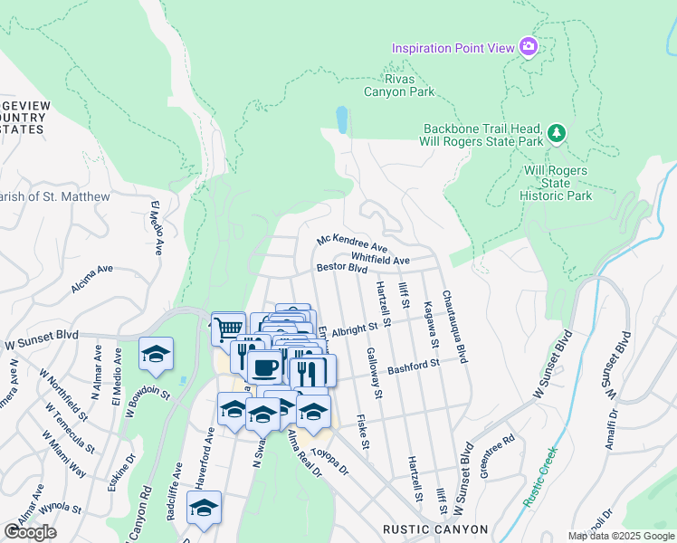 map of restaurants, bars, coffee shops, grocery stores, and more near 1180 Fiske Street in Los Angeles