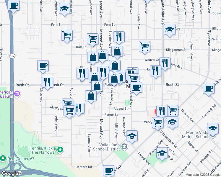 map of restaurants, bars, coffee shops, grocery stores, and more near 1947 Strozier Avenue in South El Monte