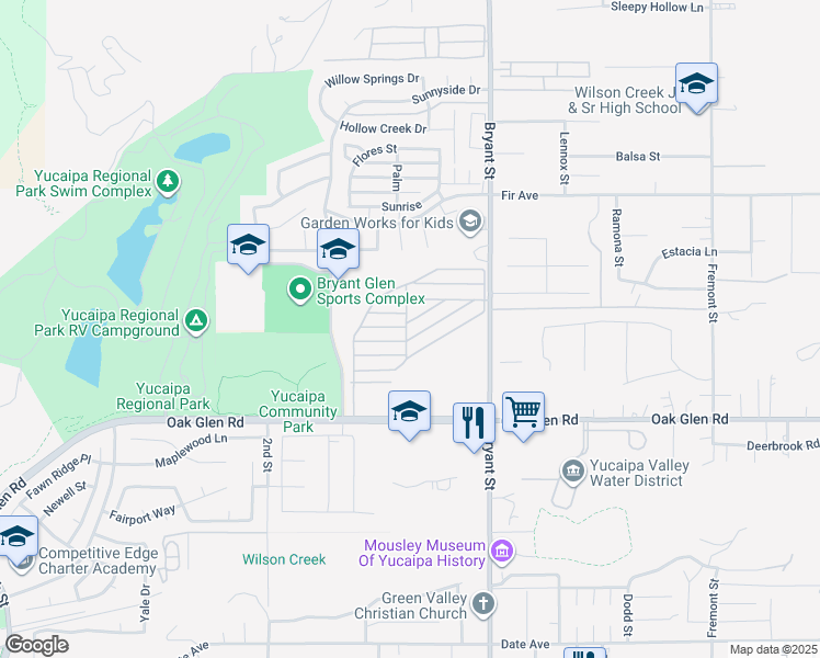 map of restaurants, bars, coffee shops, grocery stores, and more near 11050 Bryant Street in Yucaipa