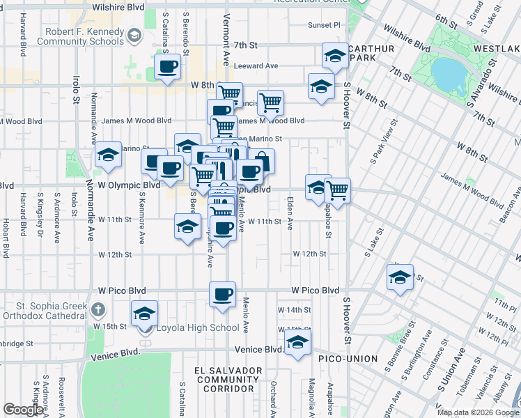 map of restaurants, bars, coffee shops, grocery stores, and more near 1030 Menlo Avenue in Los Angeles