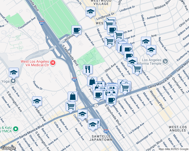 map of restaurants, bars, coffee shops, grocery stores, and more near 1424 South Bentley Avenue in Los Angeles