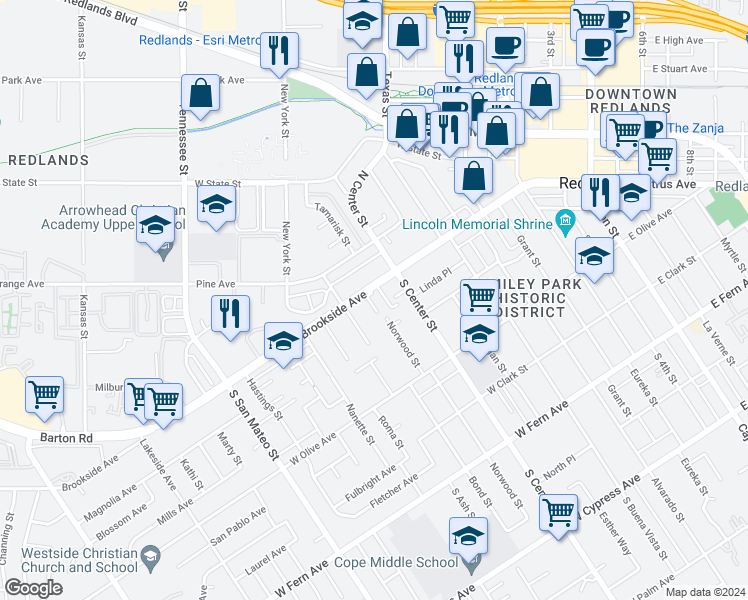 map of restaurants, bars, coffee shops, grocery stores, and more near 711 Brookside Avenue in Redlands