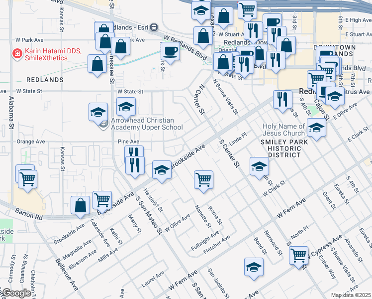 map of restaurants, bars, coffee shops, grocery stores, and more near 901 Palmbrook Drive in Redlands