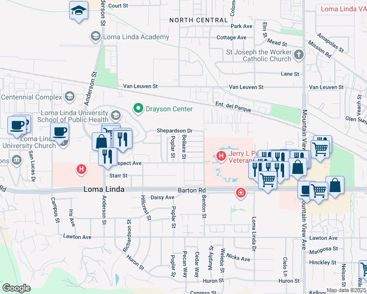 map of restaurants, bars, coffee shops, grocery stores, and more near 25251 La Mar Road in Loma Linda