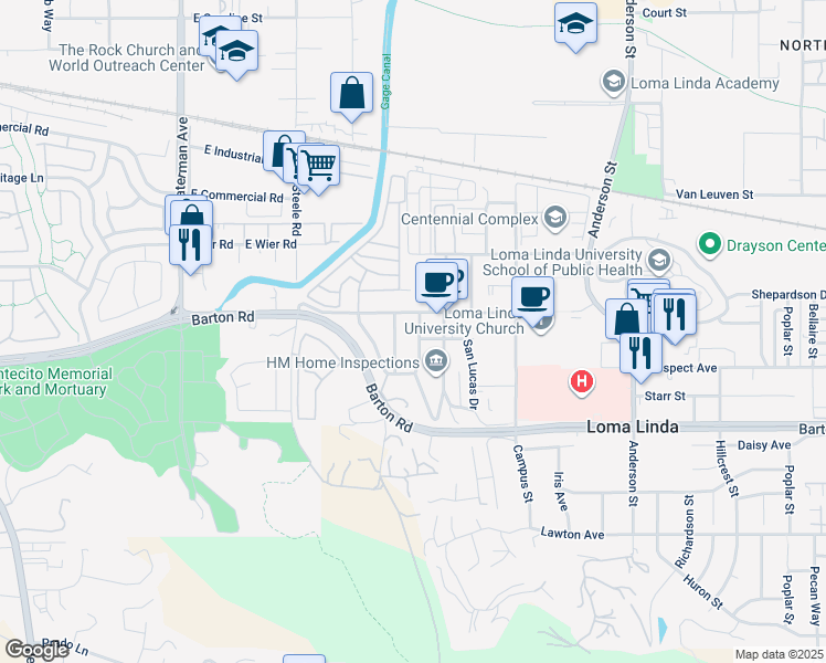 map of restaurants, bars, coffee shops, grocery stores, and more near 11135 Yardley Place in Loma Linda