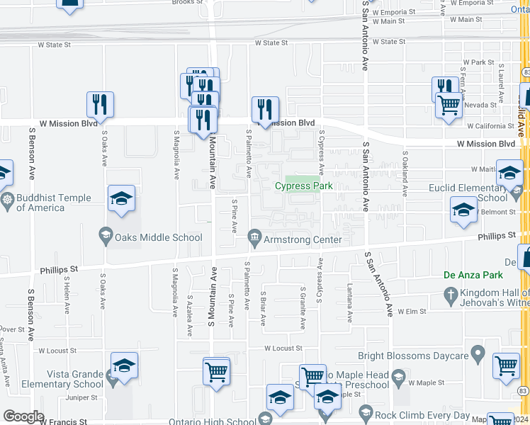 map of restaurants, bars, coffee shops, grocery stores, and more near 1228 South Cypress Avenue in Ontario