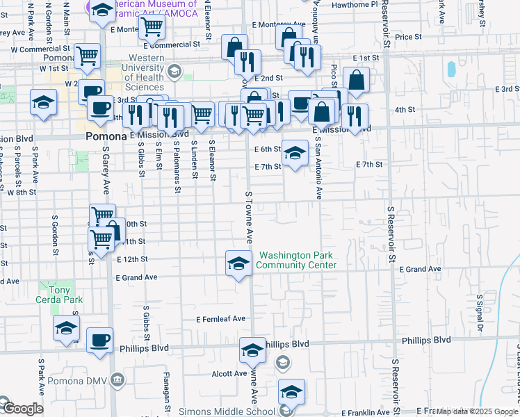 map of restaurants, bars, coffee shops, grocery stores, and more near 910 South Towne Avenue in Pomona