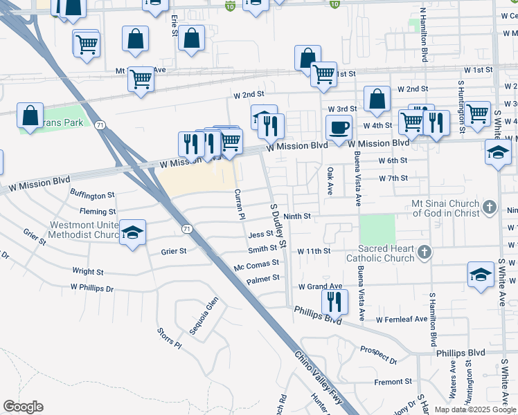 map of restaurants, bars, coffee shops, grocery stores, and more near 1564 Meserve Street in Pomona