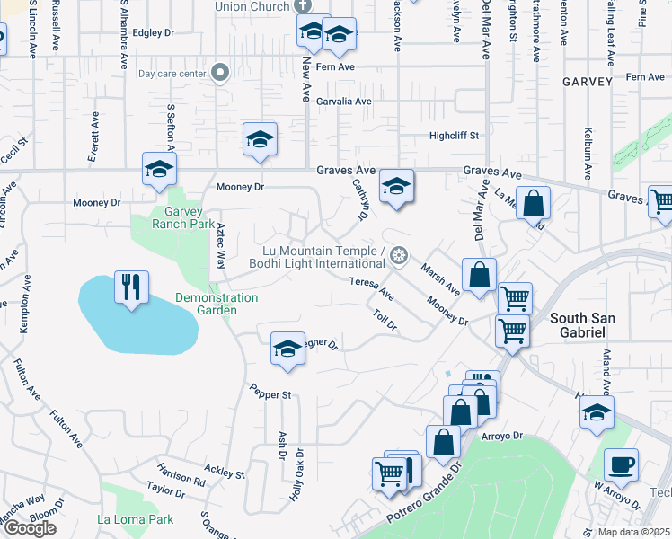 map of restaurants, bars, coffee shops, grocery stores, and more near 7241 Teresa Avenue in Rosemead