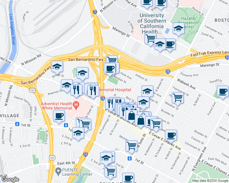 map of restaurants, bars, coffee shops, grocery stores, and more near 629 3/4 Brittania Street in Los Angeles
