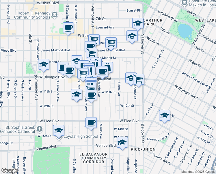 map of restaurants, bars, coffee shops, grocery stores, and more near 1030 Menlo Avenue in Los Angeles