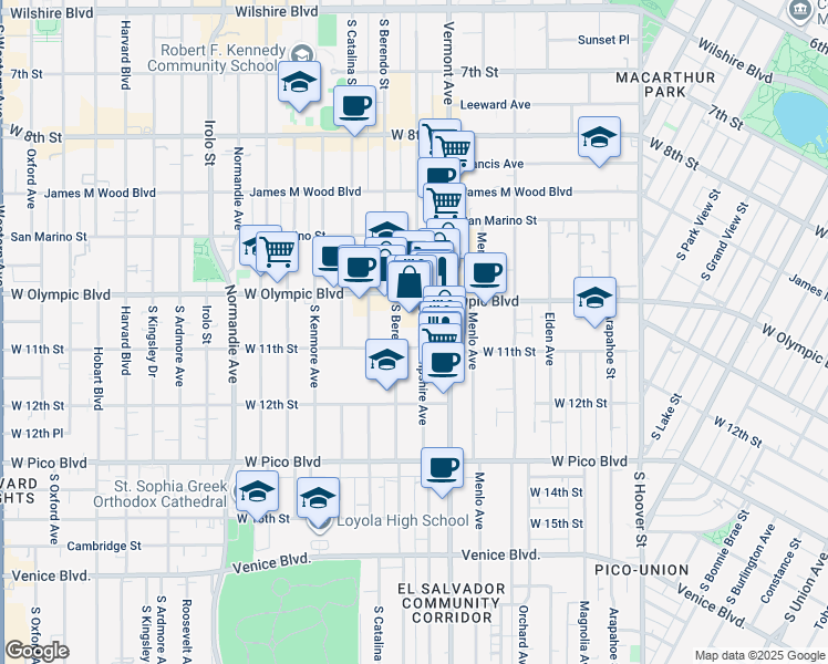map of restaurants, bars, coffee shops, grocery stores, and more near 1037 South New Hampshire Avenue in Los Angeles