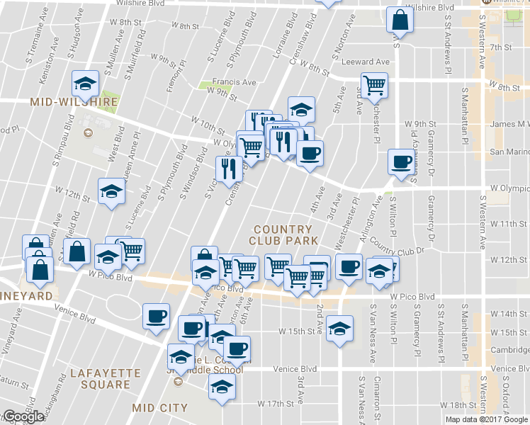 map of restaurants, bars, coffee shops, grocery stores, and more near 4026 Country Club Drive in Los Angeles