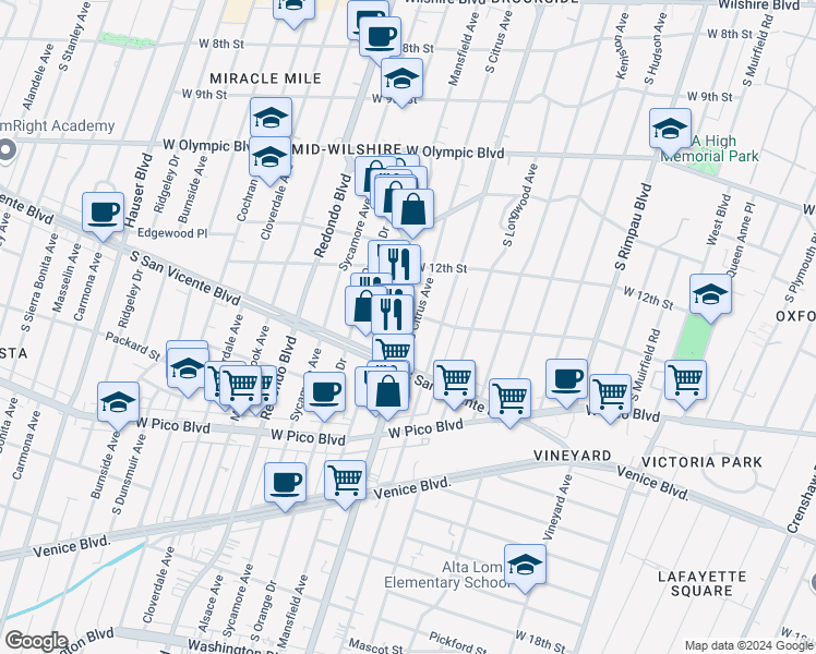 map of restaurants, bars, coffee shops, grocery stores, and more near 1250 South La Brea Avenue in Los Angeles