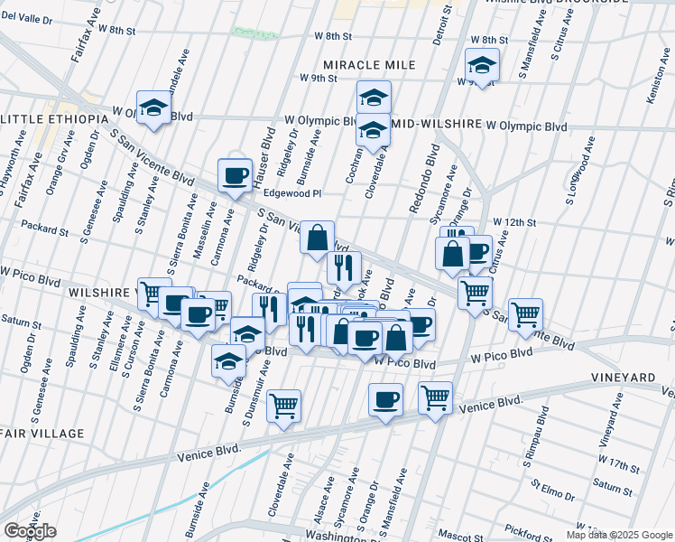 map of restaurants, bars, coffee shops, grocery stores, and more near 1270 South Cloverdale Avenue in Los Angeles