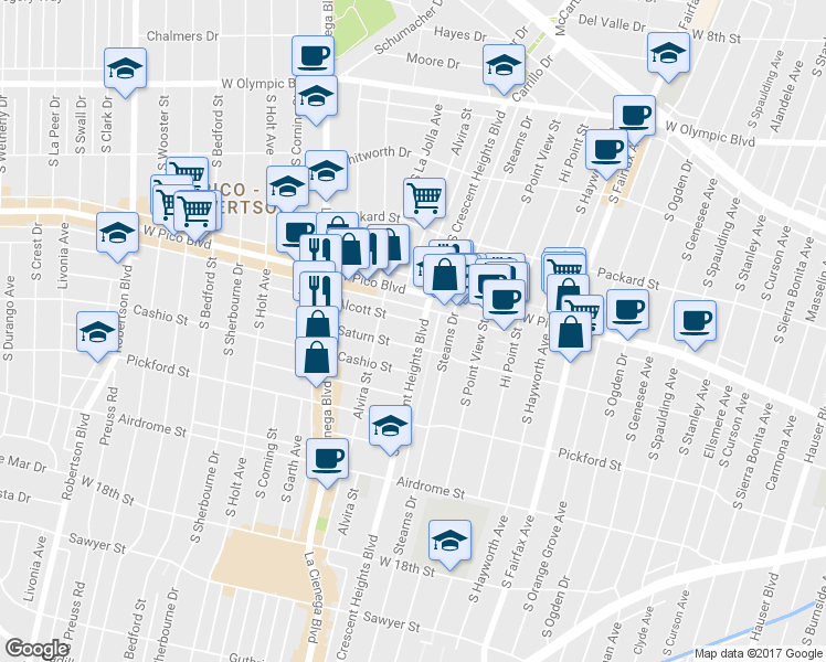 map of restaurants, bars, coffee shops, grocery stores, and more near 1432 1/2 South Crescent Heights Boulevard in Los Angeles