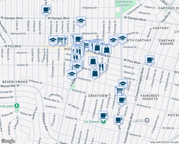 map of restaurants, bars, coffee shops, grocery stores, and more near in Los Angeles