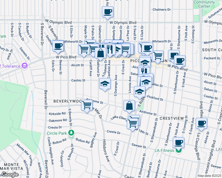 map of restaurants, bars, coffee shops, grocery stores, and more near 1535 South Durango Avenue in Los Angeles