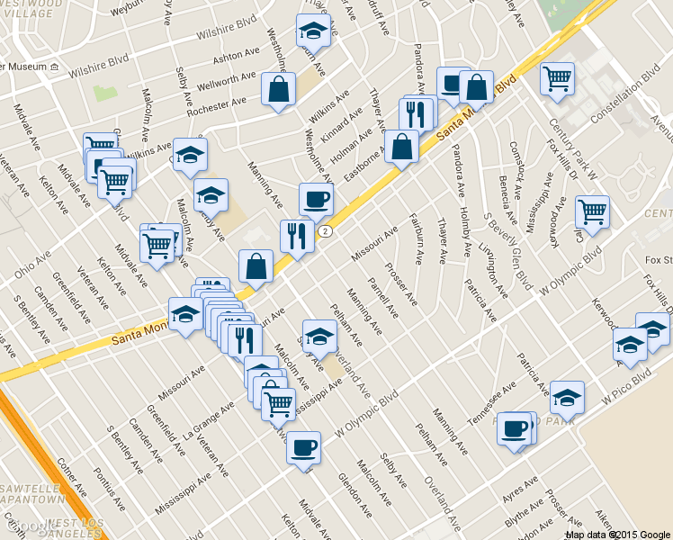 map of restaurants, bars, coffee shops, grocery stores, and more near 1907 Parnell Avenue in Los Angeles