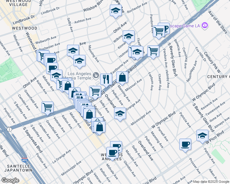 map of restaurants, bars, coffee shops, grocery stores, and more near 1827 Manning Avenue in Los Angeles