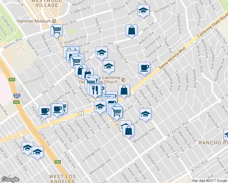 map of restaurants, bars, coffee shops, grocery stores, and more near 1738 Malcolm Avenue in Los Angeles