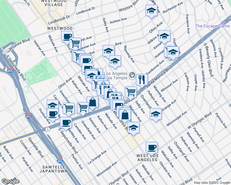 map of restaurants, bars, coffee shops, grocery stores, and more near 1738 Malcolm Avenue in Los Angeles
