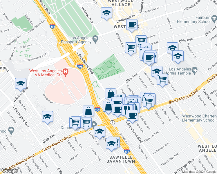 map of restaurants, bars, coffee shops, grocery stores, and more near 1422 South Bentley Avenue in Los Angeles