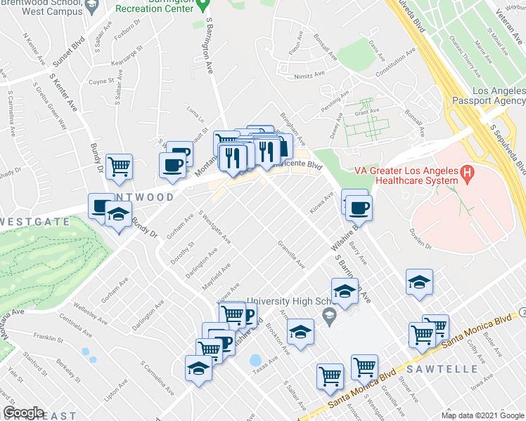map of restaurants, bars, coffee shops, grocery stores, and more near 11753 Mayfield Avenue in Los Angeles