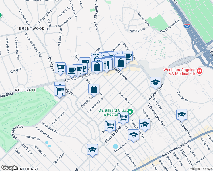 map of restaurants, bars, coffee shops, grocery stores, and more near 11818 Dorothy Street in Los Angeles