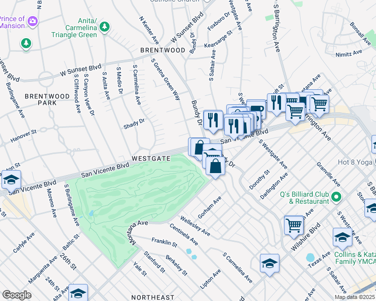 map of restaurants, bars, coffee shops, grocery stores, and more near 12221 San Vicente Boulevard in Los Angeles